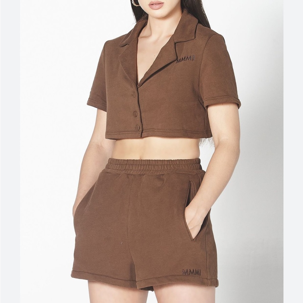 MMMI JERSEY COLLARED CROP TEE and SHORTS SET - BROWN